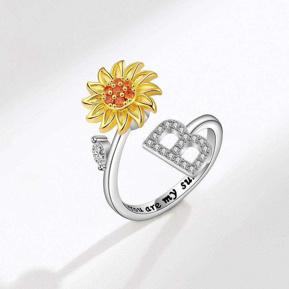 Creative Sunflower Rotating Ring 26 Letters Adjustable Open Design Women's Fashion Finger Jewelry Daily Wear & Gift Accessories