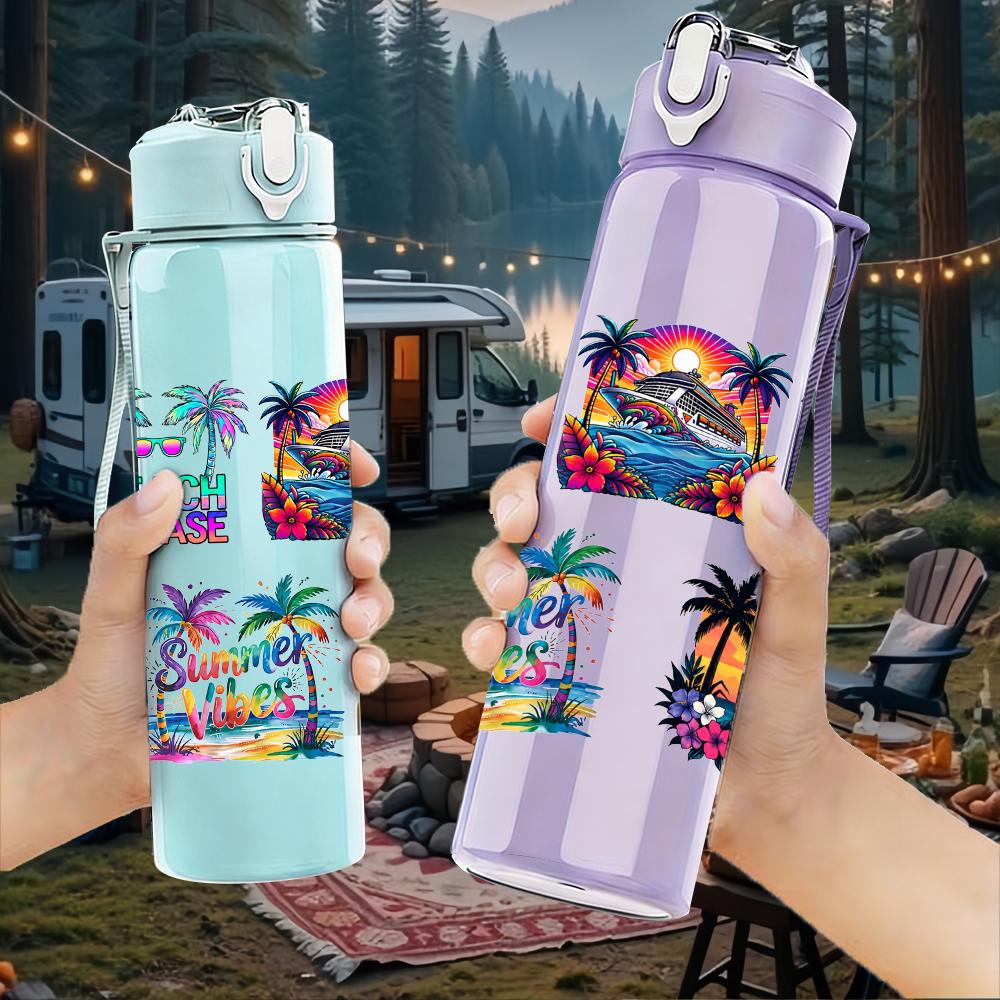 1PC Tropical Palm Island Graphic,750ml Color Plastic Sports Water Bottle,Leakproof Flip Straw Lid,Suitable for Sports Office Home Use