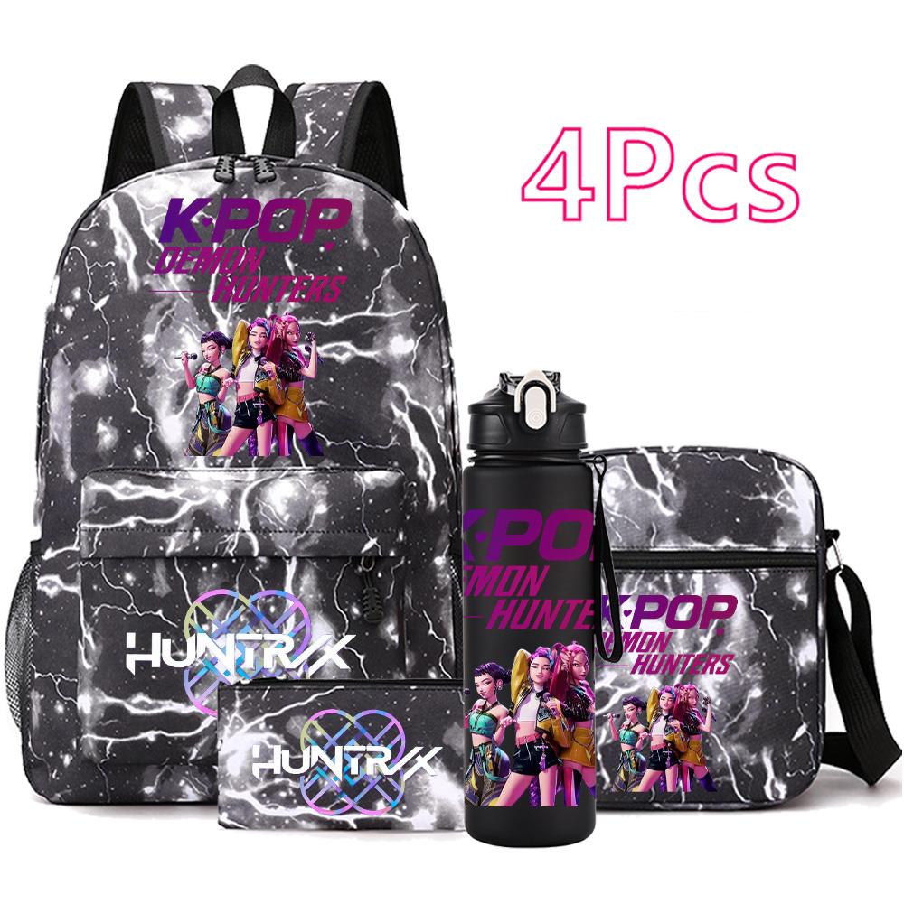 4-teiliges/Set Anime Niedlich K-Pop Bedruckter Rucksack mit 750 ml Wasserflasche für Teenager Schüler Mädchen Junge Schultasche Kindergeschenk Große Kapazität Reisetasche Mochila