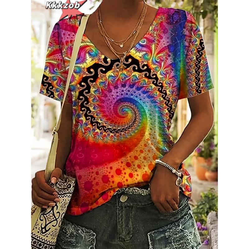 Damen T-Shirts V-Ausschnitt 3D Kunstdruck Tops Locker Kurzarm T-Shirts Sommer Streetwear Mode Lässig Übergroße Damenbekleidung