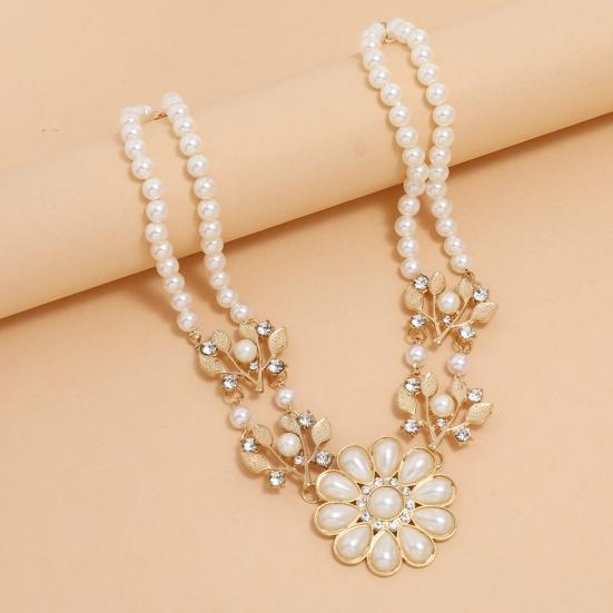 Women Necklace Bohemian Flower Sun Elegant Double-layer Geometric Ladies Pendant Faux Pearl Choker Necklace