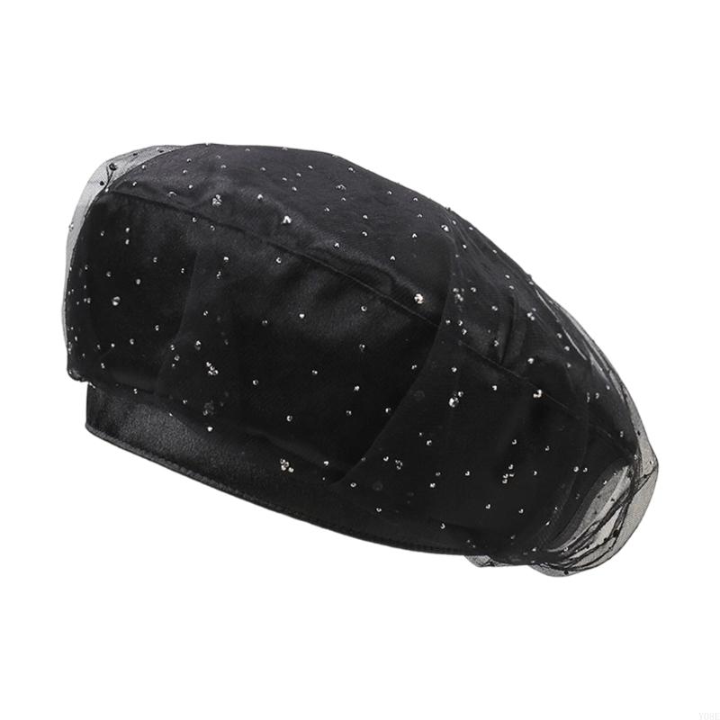 

Elegant Hollow Out Mesh With Rhinestones French Hat For Women Stylish Summer Outdoor Caps Fashion Accessory Y08E