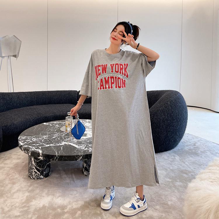 2025 Korean Style Summer Over-the-Knee Print T-shirt Dress - Loose, Slimming, Plus Size