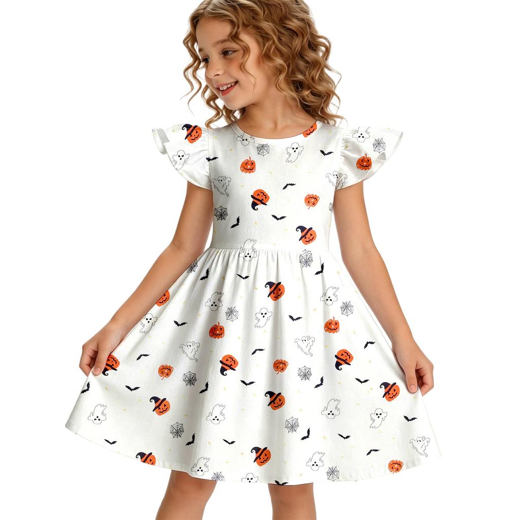 Girls Halloween Casual Dress Ruffle Sleeve Pumpkin Print Round Neck Cotton Dress for Kids Comfortable Fit Toddler Party Dress