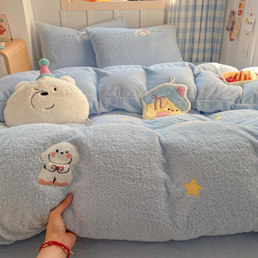 Thickened Milk Fleece Bed Four-Piece Set Warm Children'S Bedding Teddy Coral Fleece Quilt Cover Bed Sheet Three-Piece Set