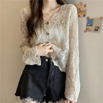 Vintage Zomer Kant Blouses Dames Doorkijk Sheer Lange Mouw Zon Shirts Koreaanse Stijl Casual Zonbescherming Sexy Dames Tops
