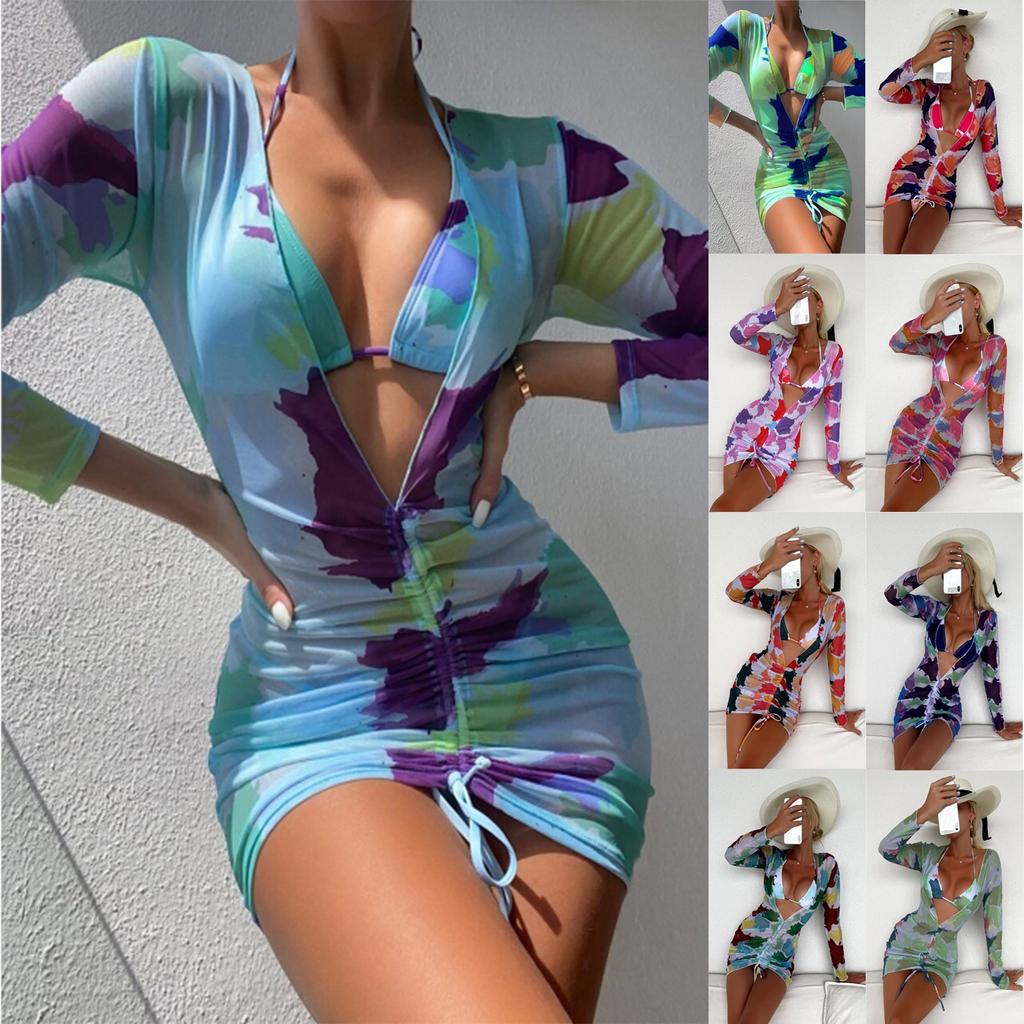 Abstract Fluid Printed Micro Triangular Bikini Swimsuit And Cover Bikini