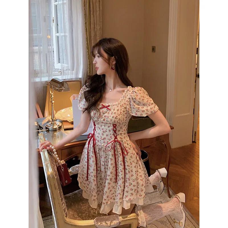 2026 Summer Floral Puff Sleeve Dress with Bow Tie & Lace Ruffle