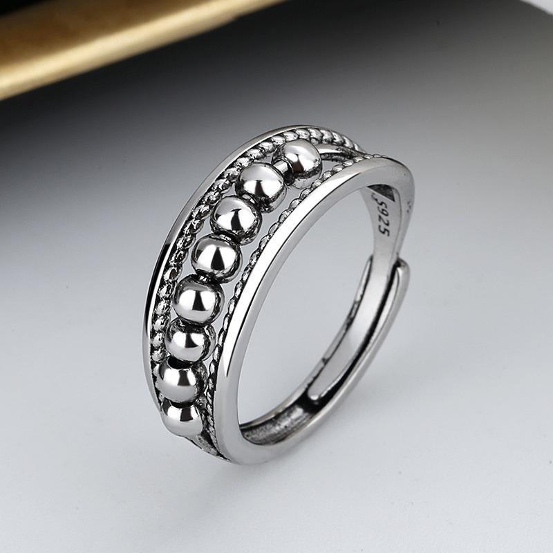 Adjustable Retro Polka Dot Beaded Couple Rings - European American Style In Thai Silver