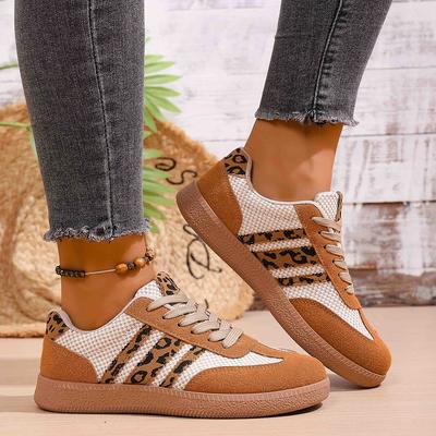 Sneakers Damen Freizeitschuhe Damen Low-Top Goldener Leopardenprint Schnürung Knöchelriemen Mokassin-Stil Schuhe Minimalistisch Alle Jahreszeiten