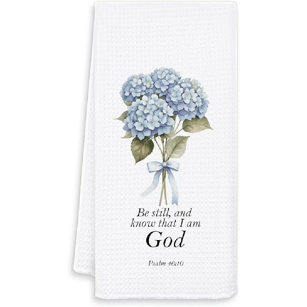 Hydrangea Christian Hand Towels for Bathroom, Blue and White Floral Kitchen Towels, Blue Hydrangea Dish Tea Towels for Kitchen, Christian Gift, 16x24 Psalm 46;10