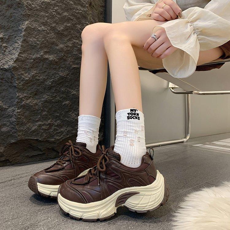 Retro Brown Thick-soled Heightening Dad Shoes for Women 2025 Popular New Autumn Versatile Sports and Leisure Shoes for Women