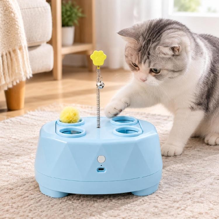 Indoor Play Device with Extending Lower Attachment, Moving Ball, Spring Attachment, and 4 Top Openings for Play