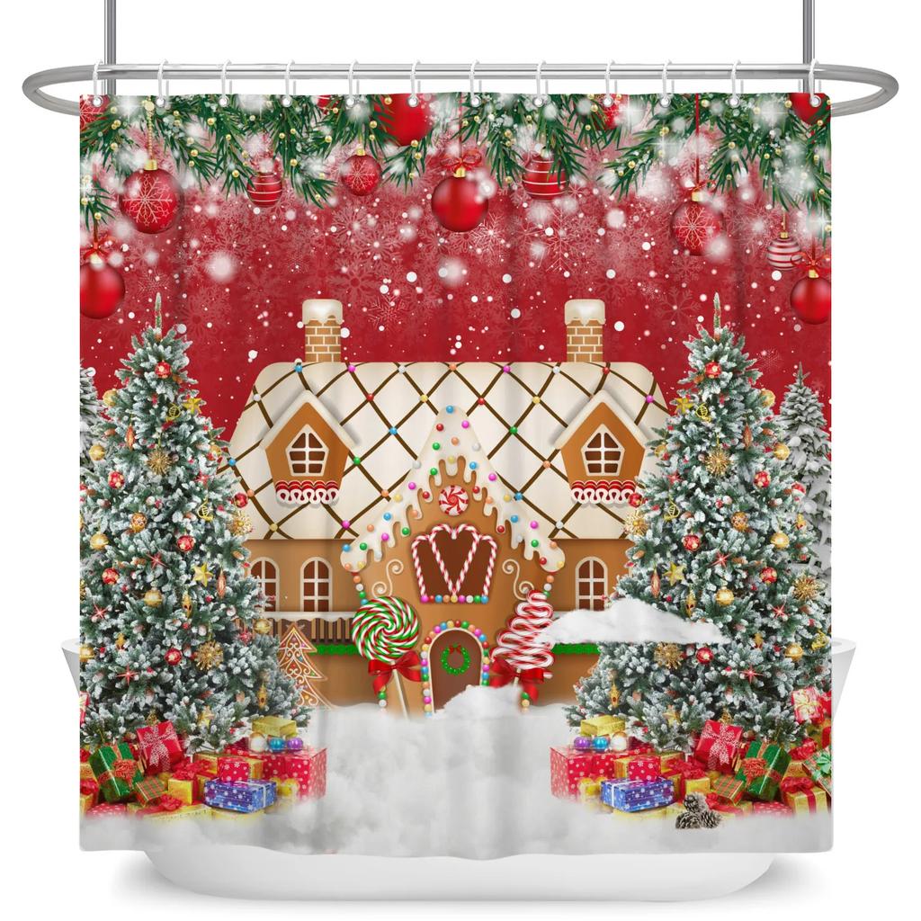 GAEMerry Christmas Duschvorhang Winter Schnee Weihnachtsmann Weihnachtsbaum Dekor Badezimmer Vorhänge Wasserdichte Badewannenwand