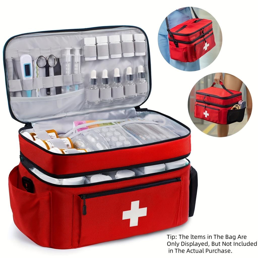 Large capacity travel medicine storage bag, portable emergency kit, double-layered design, front pouch, multiple ways to carry.
