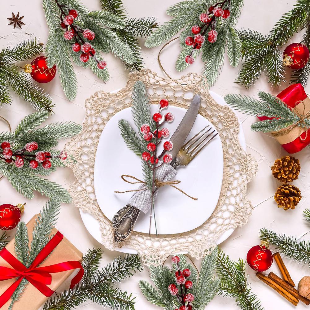 18Pcs Artificial Snowy Norfolk Pine Branch Faux Stem Christmas Holly Berries Branch DIY Vase Filler Holiday Party Decoration