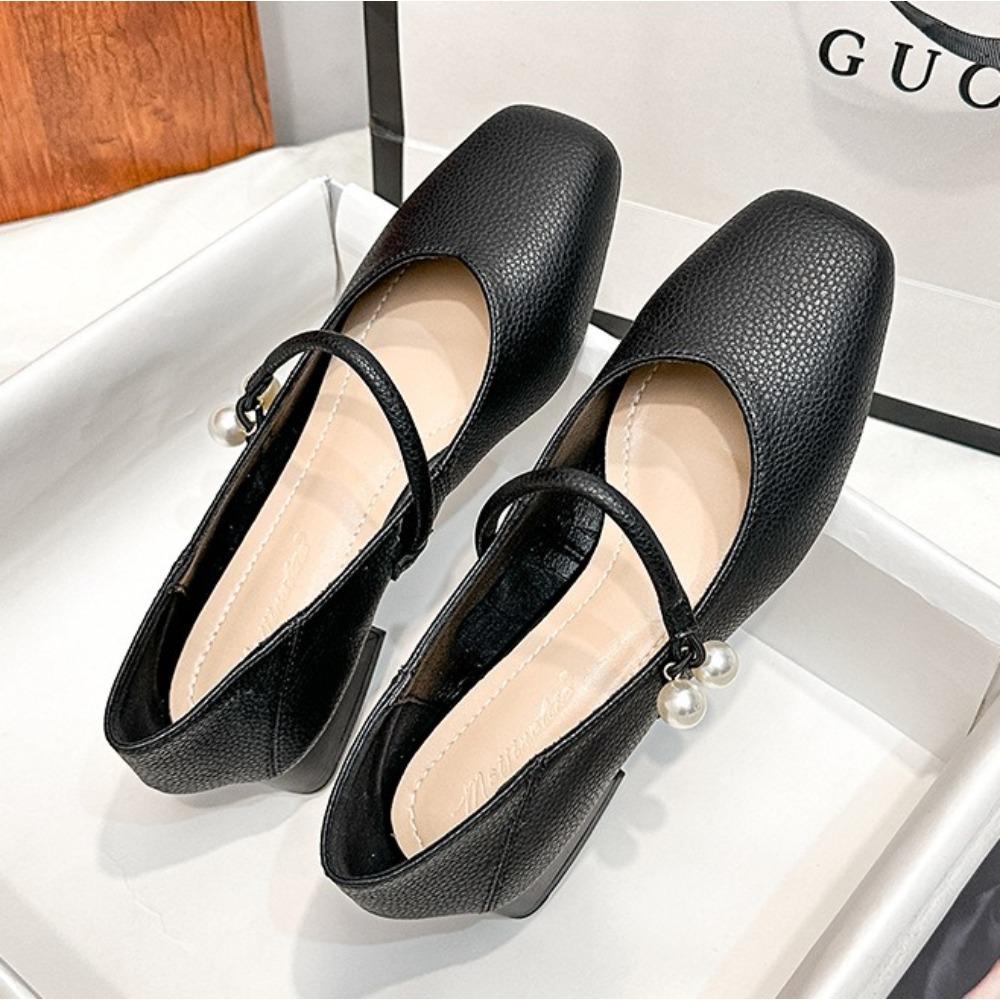 Square Headed Pumps for Women's 2025 Spring New Item Soft Leather Retro French Shallow Mouth Low Heel Mary Jane Shoes Women