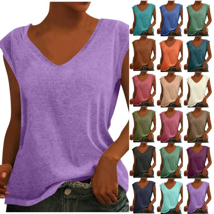 

Women s Casual Loose V Neck Cap Sleeve Solid Color T-Shirt Top Fashion Short Sleeve S
