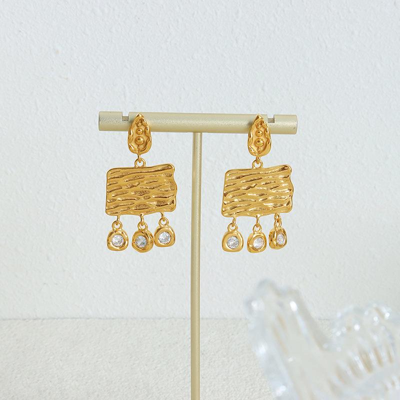Mechanism-Inspired Zircon Square Plate Earrings, Titanium Steel, 18K Gold, Non-Fading, Personalized Statement Ear Jewelry