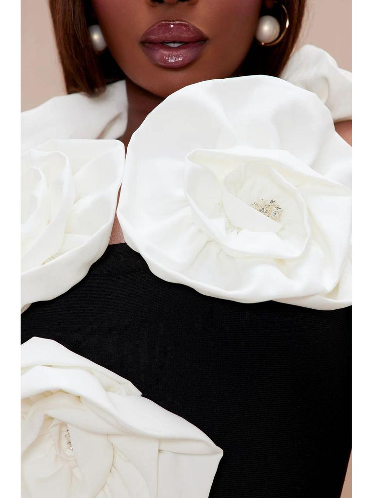 White Floral Black Bodycon Evening Dress with Back Slit – Sleeveless European & American Fashion Slimming Design