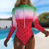 Women Long Sleeve One Piece Swimsuit Zip Front Painted Ink Dyeing Print Rash Guard Surfing Bathing Suit