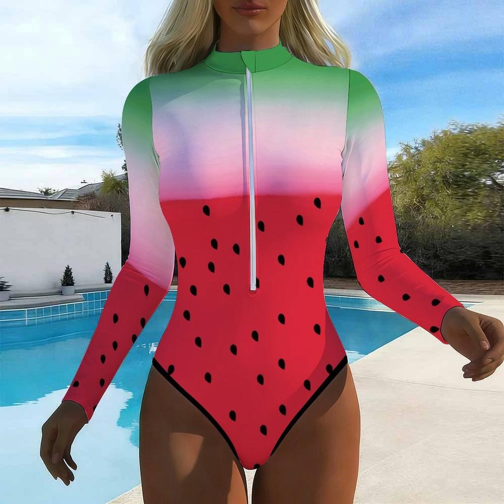 Women Long Sleeve One Piece Swimsuit Zip Front Painted Ink Dyeing Print Rash Guard Surfing Bathing Suit