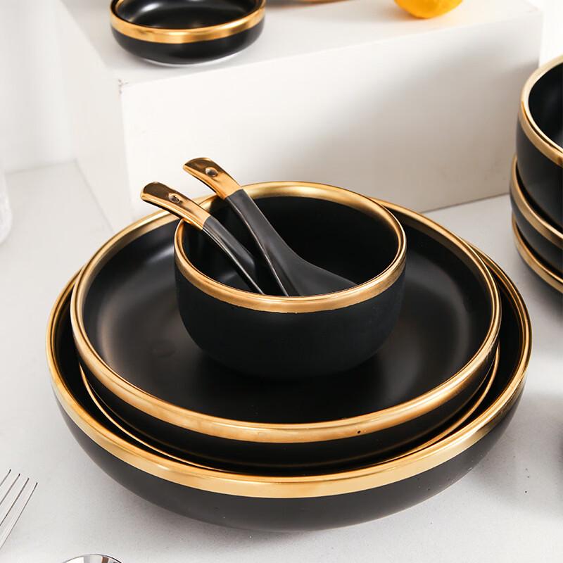 Light Luxury Gold Rim Matte Black Ceramic Dinner Plate