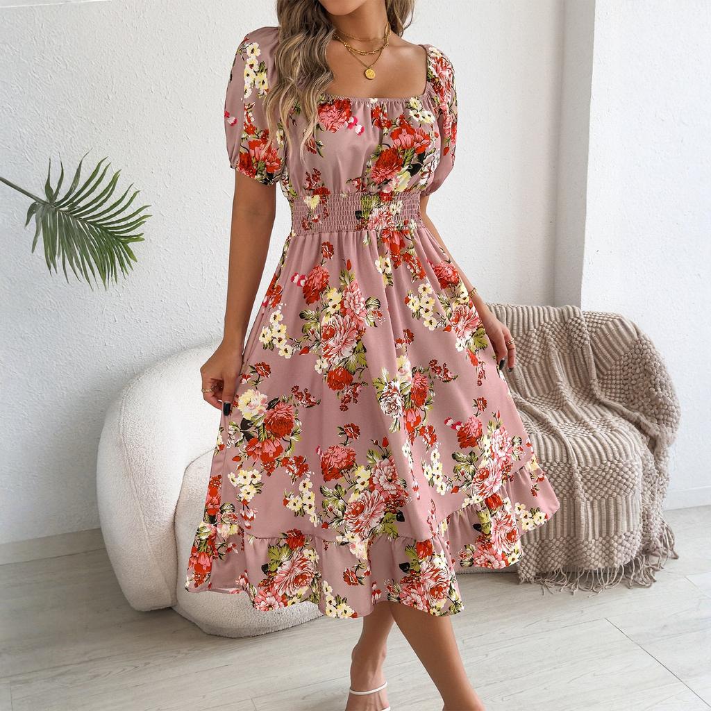 Women's Fashionable Floral Print Off Shoulder Short Sleeved Ruffle Edge Holiday Beach Loose Dress