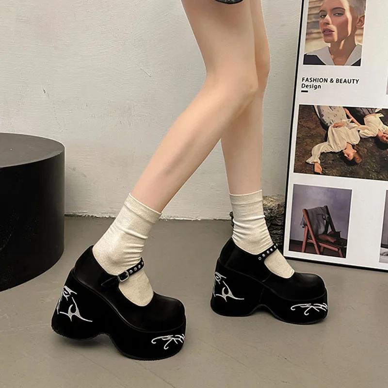 Women's Platform High Heels Gothic Lolita New Mary Jane Shoes Casual Woman Heeled Party Wedges Thick Bottom Pumps Black Loafers