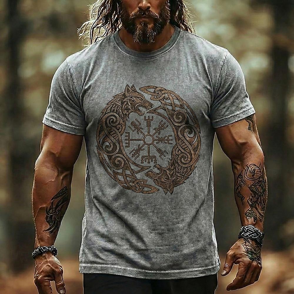 Viking Wolf Norse Rune T Shirt Men Washed Cotton Blend Graphic Tee Celtic Knot Mythology Streetwear Top Clothing Apparel S M L XL XXL XXXL