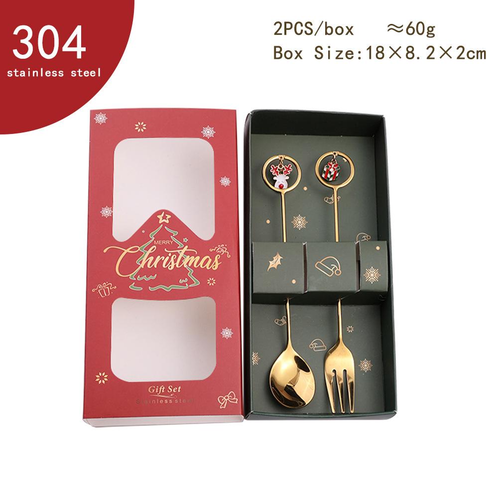 HANYANG juleskjesett julegavebestikk To sett med dessertskjeer og gafler Santa elg dukkeskje