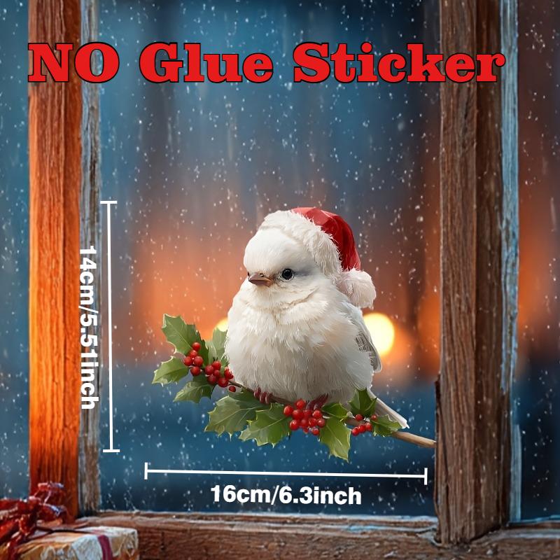 

1PC Christmas Festive Holiday Window Sticker White Bird Red Hat Stand on Berry Branche Design Non-Adhesive Reusable Static Cling