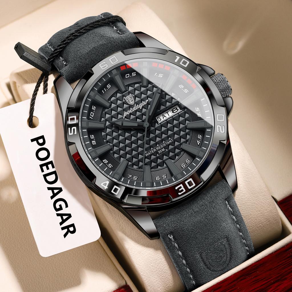 POEDAGAR Original Man Wristwatch Top Luxury Waterproof Luminous Date Week Watch for Men Quartz Sport Leather Watches Reloj