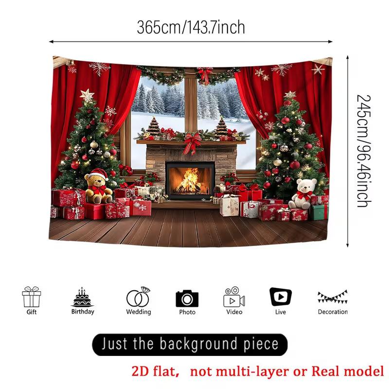 2D Flat Winter Christmas Garage Banner, Cozy Fireplace & Snowy Window Party Background
