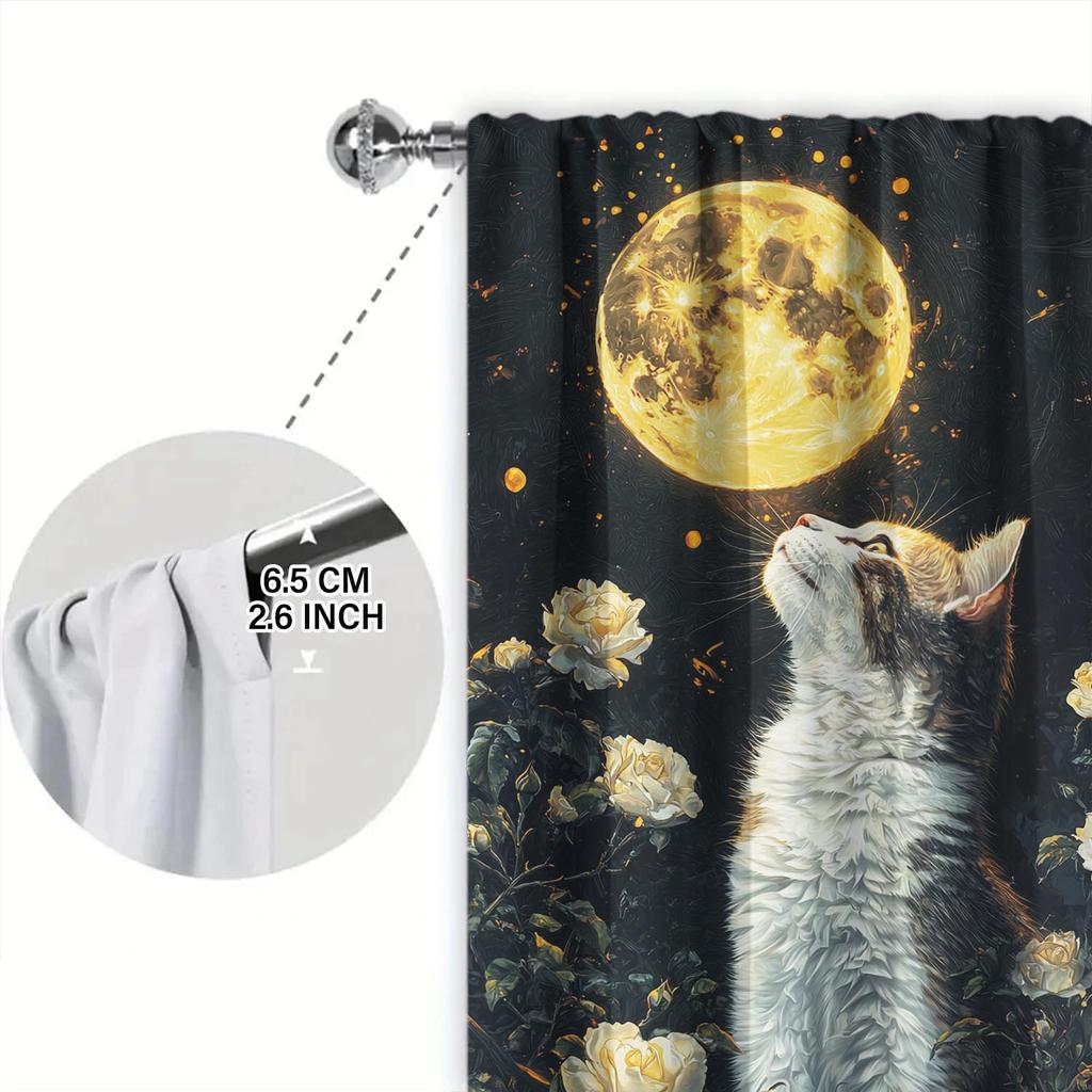 Panels Beautiful Cat Moon Pattern Window Curtains Heat Insulating Suitable Decorating Various Rooms Curtain Polyester