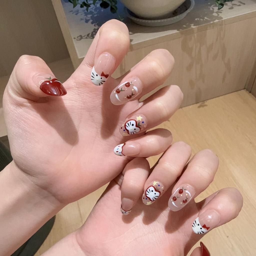 Pure Handmade Ins Style Wearable Armor Cute Cat French Hand-painted Cartoon Manicure Finished Short Nails