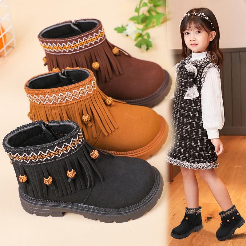Girls Winter Boots With Tassel Trim Faux Leather Mid-Calf Warm Shoes Kids Ages 4-12 Rubber Sole Anti-Slip