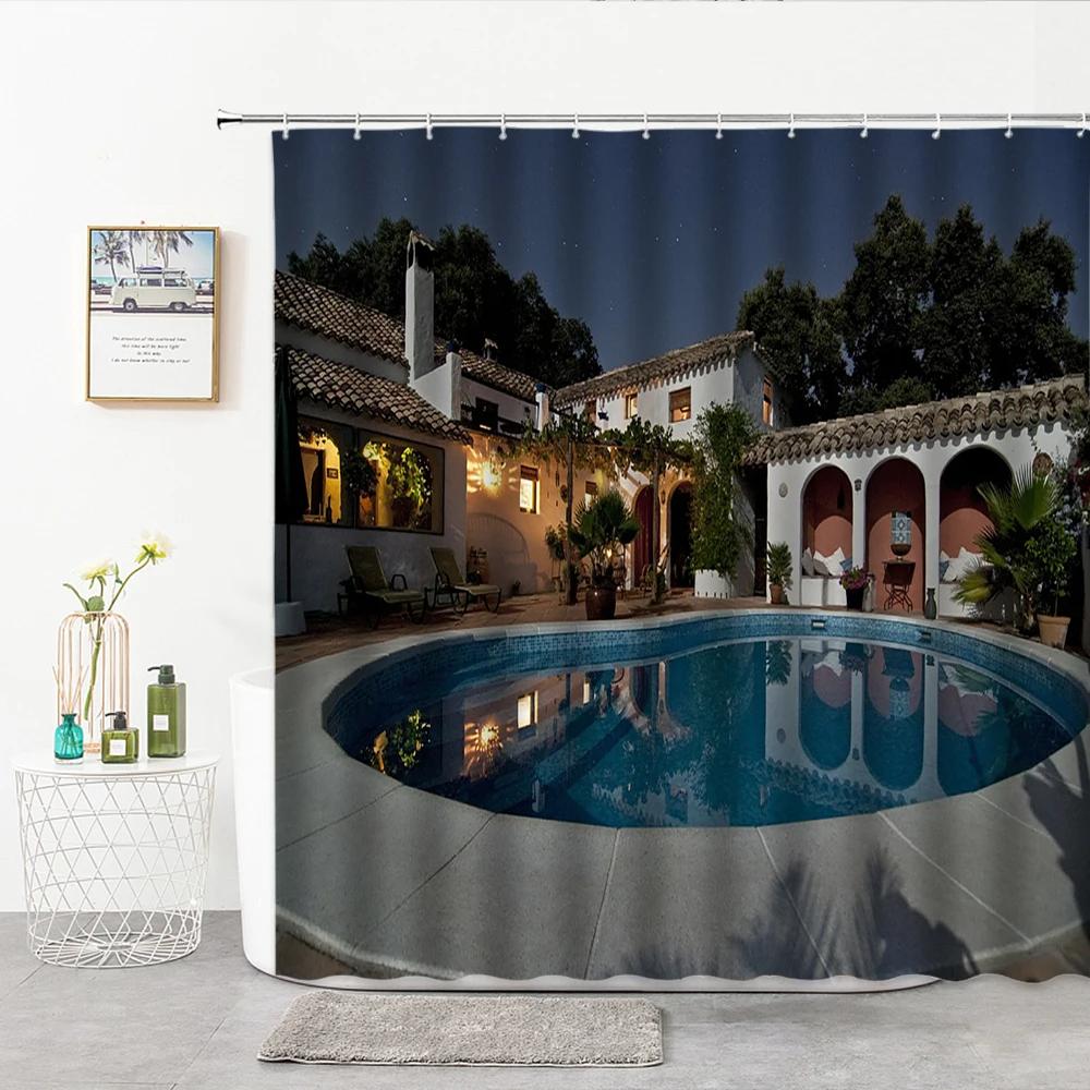Swimming Pool Pattern Shower Curtain Exotic Ocean Bathroom Curtains Polyester Bathtub Screens Home Decoration with Hook