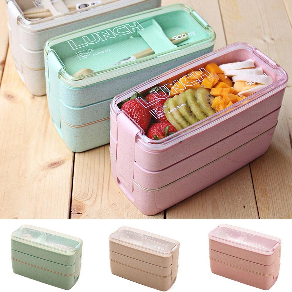 

Пшеничный ланч-бокс для микроволновой печи, пластиковый контейнер для хранения продуктов питания, штабелируемый 3-слойный ланч-бокс для дома