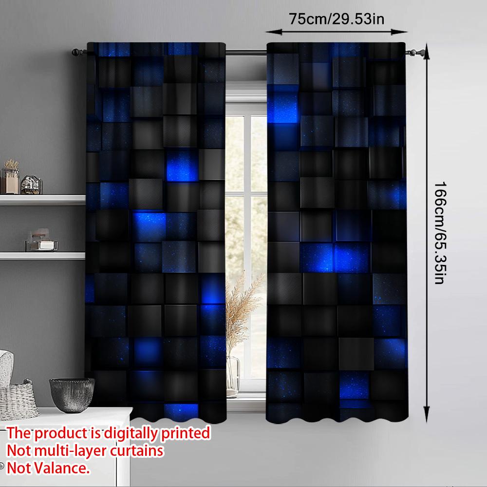 Blue Cube Door Curtains 2pcs   Lit Dark Cube Print Semi-Sheer Polyester Rod Pocket for Bedroom Living Office All-Season Decor