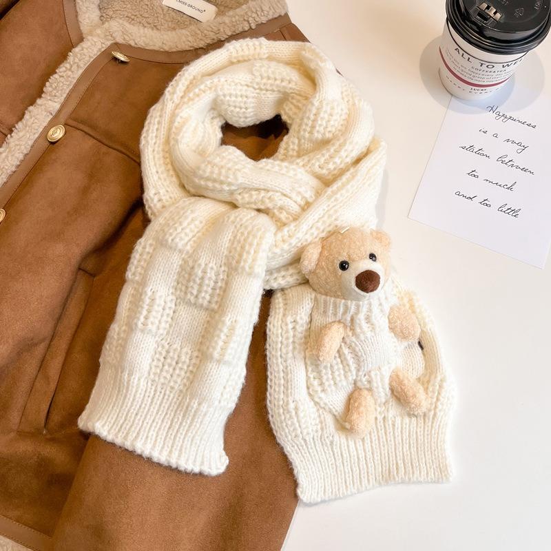 Bear Knitted Wool Scarf for Girls, Thickened Pure Milk White Pure Rice White Plush Small Scarf In Winter, Cute Girl