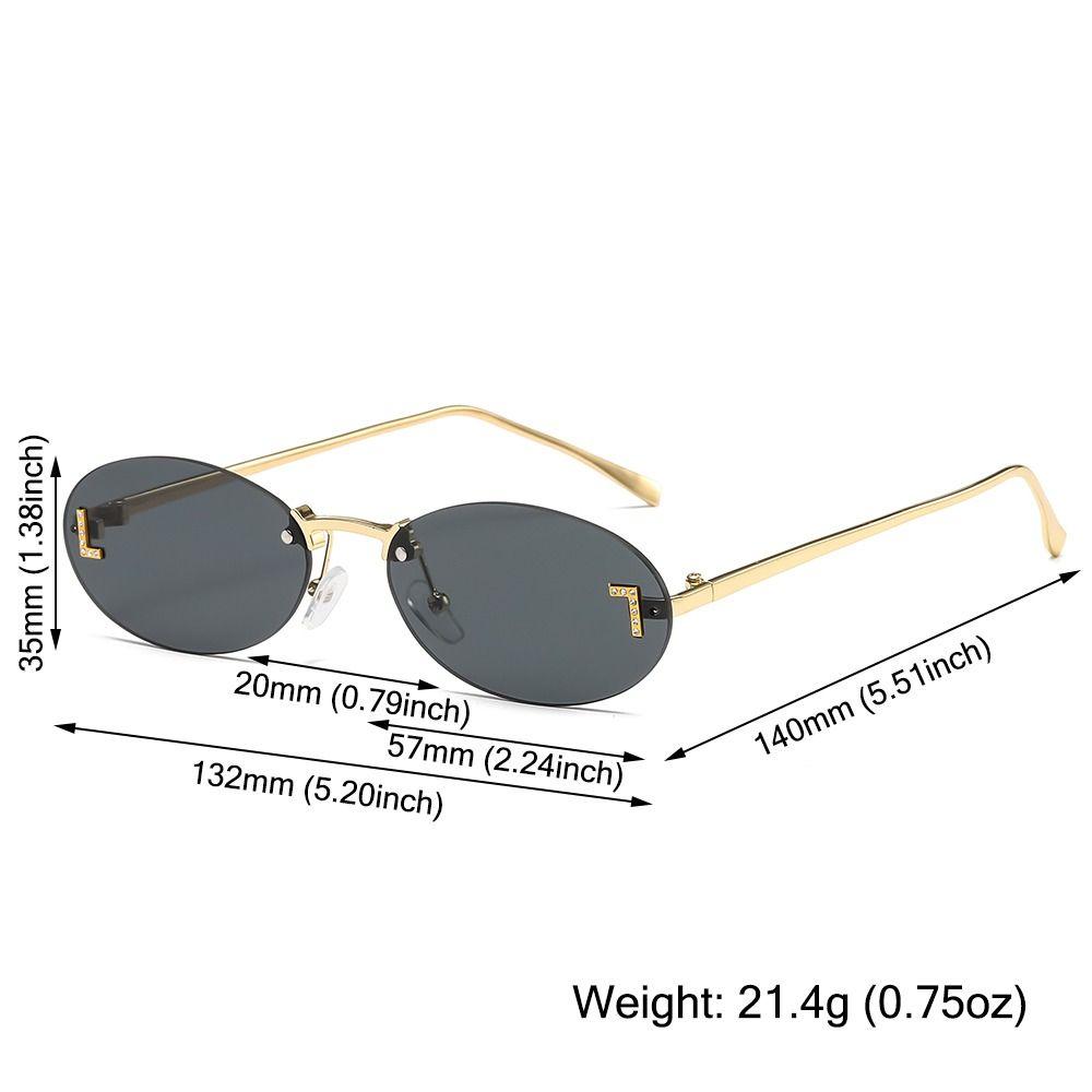 Modische ovale Sonnenbrille für Damen, Luxusqualität, Buchstabendekor, Sonnenbrille, trendige randlose Katzenaugen-Brille, UV400-Schutz, Metall