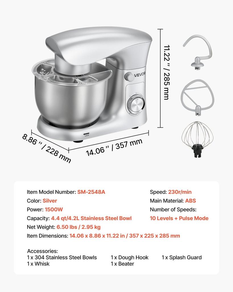 Stand Mixer, 4.2 L Electric Kitchen Mixer, 1500W Dough-Mixer, 10 + Pulse Speeds Tilt-head Food-Mixer with Stainless Steel Bowl, Dough Hook, Whisk,