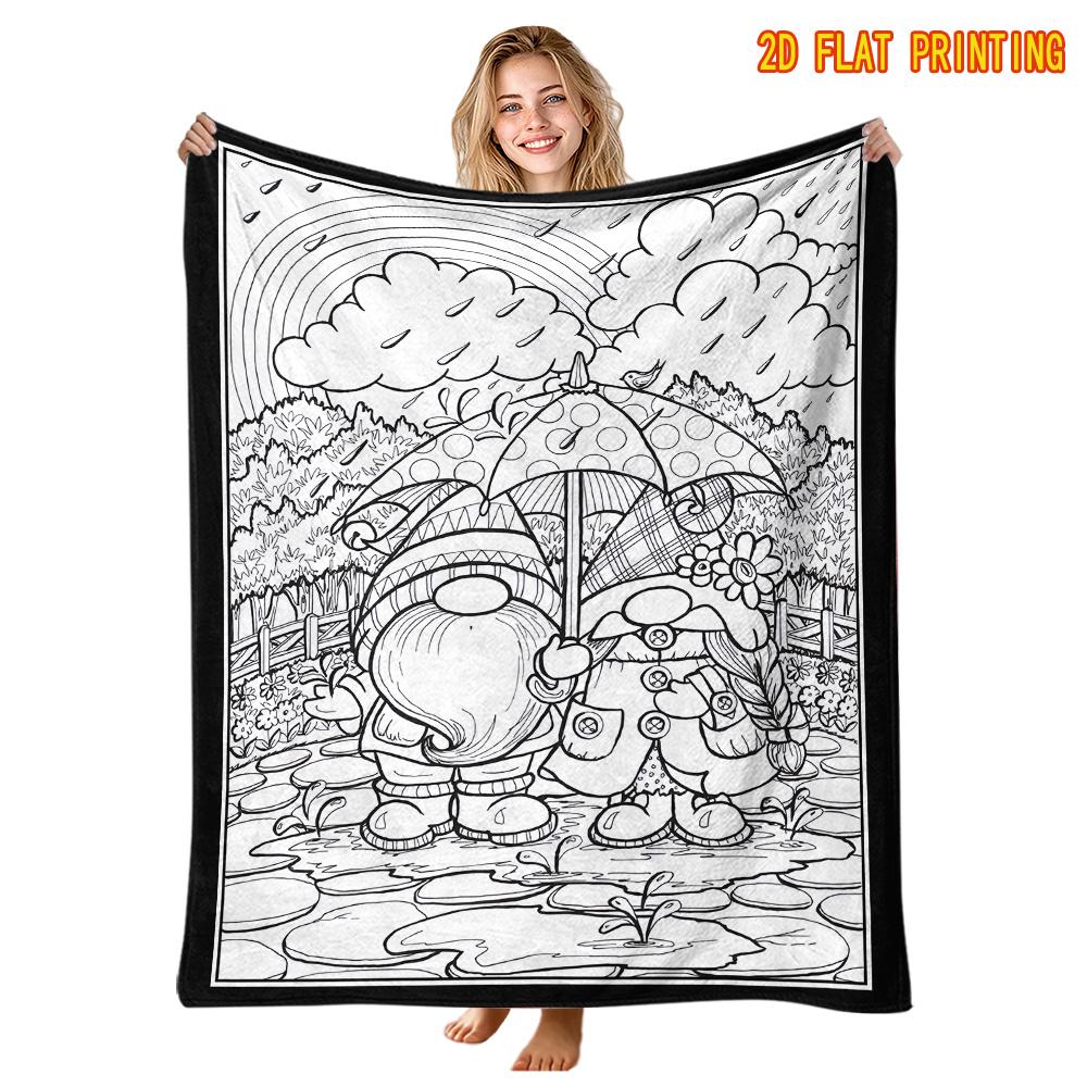 1pc Umbrella-holding Gnome Elf in Rainy Rainbow Forest, Black and White Line Drawing 2D Flat Print Flannel Throw Blanket, Soft, Skin-friendly, Breatha