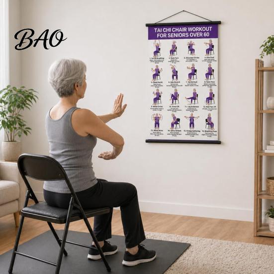 Wandbehang Fitnessposter Tai Chi Trainingsrolle Poster, Sitz-/Gehbewegungen Anleitung, Großformat Übungswerkzeug Hochauflösende Tafel
