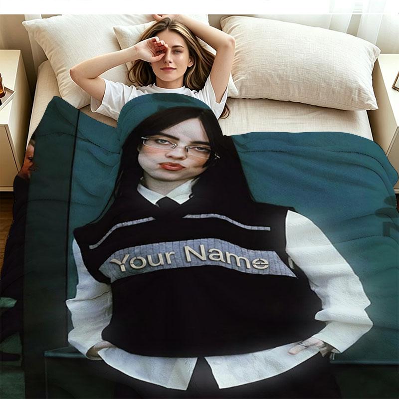 1PC Billie Eilish Custom Name Patterned Flannel Blanket Suitable For All Seasons for Home Decor Warmth and Comfort Gifts Holiday Present