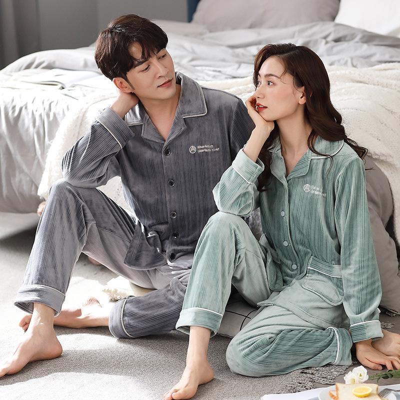 [Essential For Heating Room] Island Fleece Couple Pajamas Men'S Autumn And Winter Coral Fleece Flannel Loungewear Set