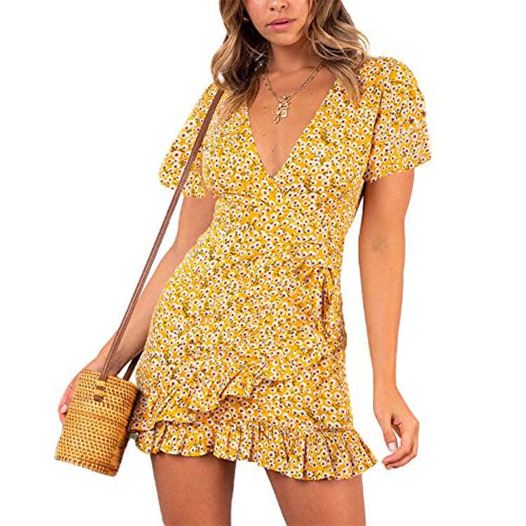 eBay Europe and the United States hot sale summer butterfly lace-up ruffle edge short-sleeved skirt V-neck print dress