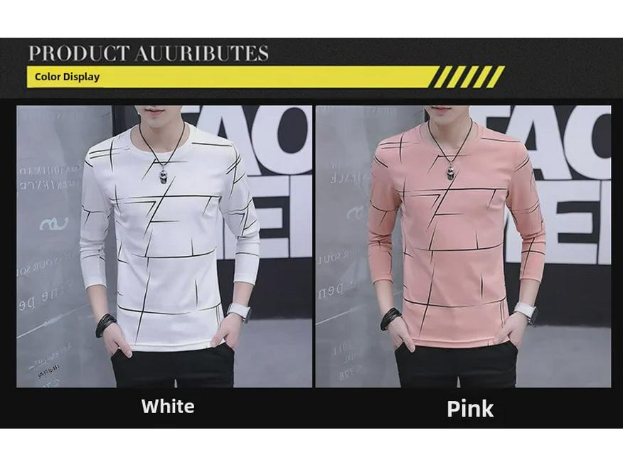 T-shirt à manches longues rayé à col rond et coupe slim pour homme, style coréen, pour l'automne