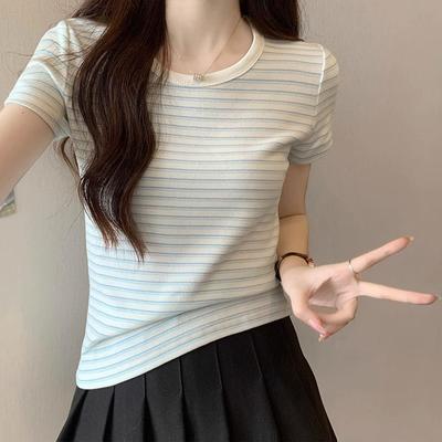 Striped BM Style Right Shoulder Short-sleeved T-shirt for Women Summer 2024 New Tight-fitting Pure Desire Short Niche Design Top